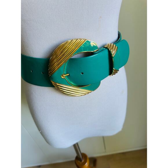90s St John Leather/Enamel Belt Size 2/26 W Turquoise Gold Big Statement - Picture 8 of 10